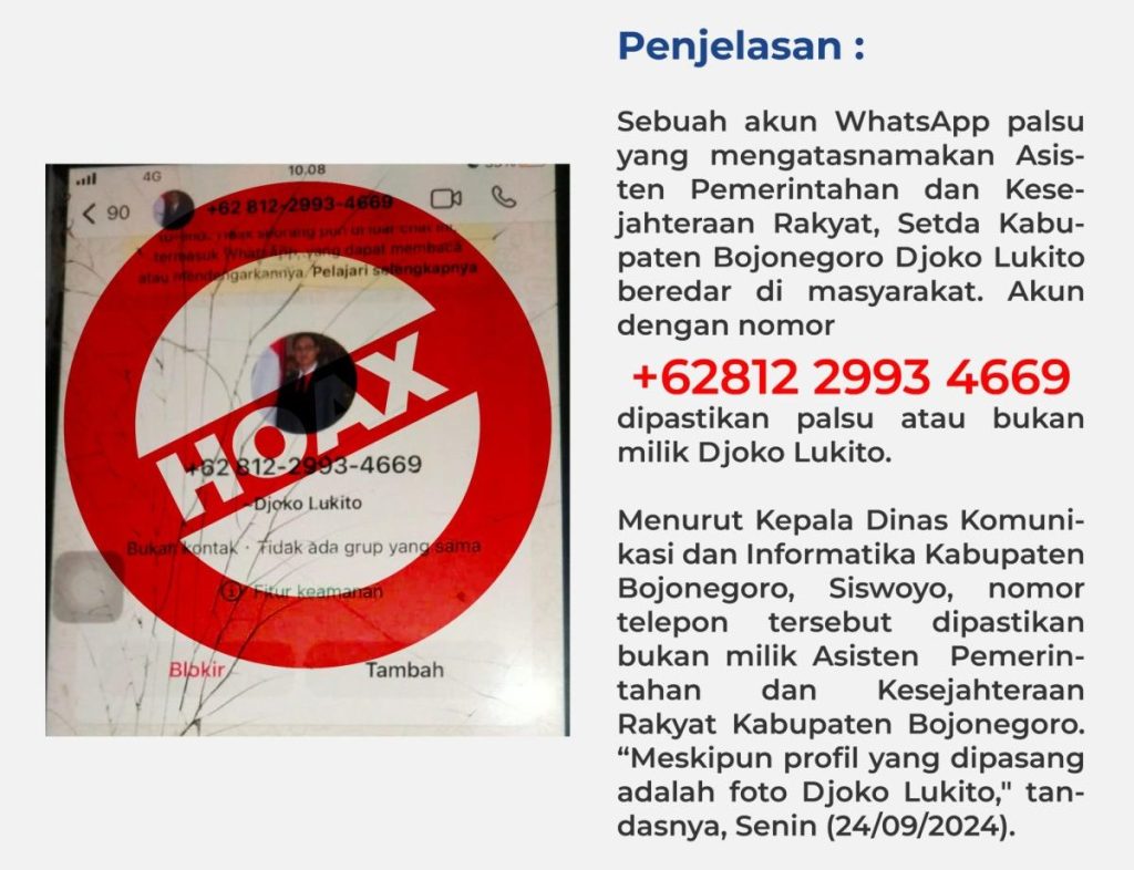 Hoax Akun WhatsApp Mengatasnamakan Asisten I Setda Bojonegoro, Masyarakat Diminta&nbsp;Hati-hati